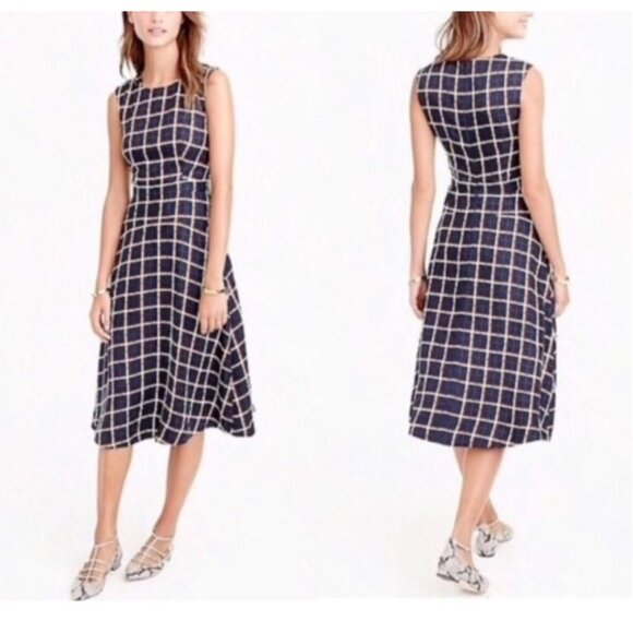 J Crew SILK Midi Dress 10 Black Cream Blue Brown A Line Career Church - Picture 1 of 16